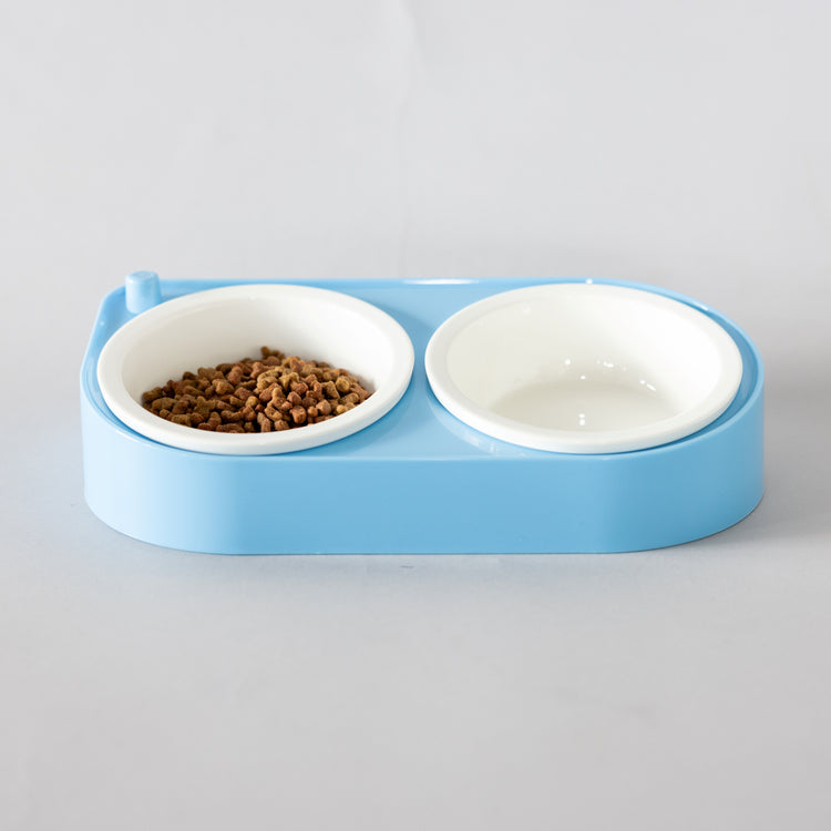 CoBowl | Double Ceramic Feeding Bowl for Cats & Dogs (Blue) 31 x 17 & Ø12cm - 300ml