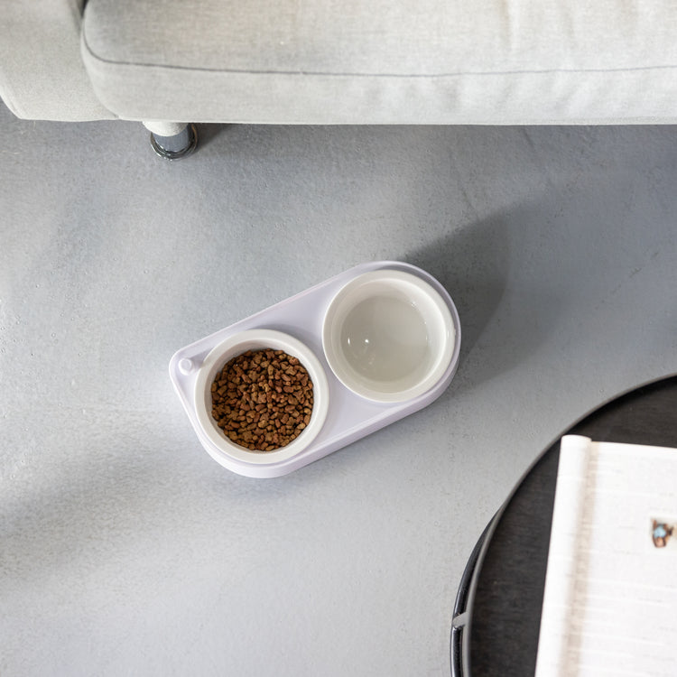 CoBowl | Double Ceramic Feeding Bowl for Cats & Dogs (White) 31 x 17 & Ø12cm - 300ml